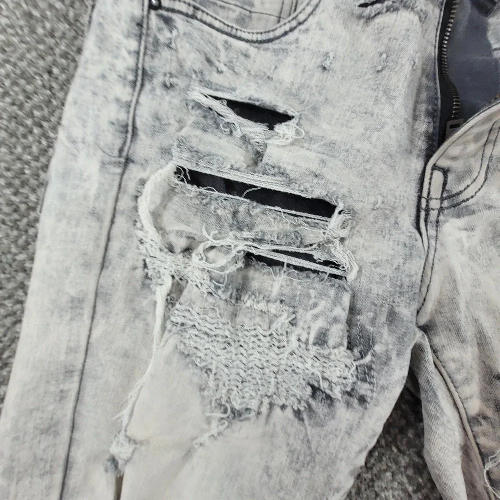 Smoke Rise Mens Distressed Acid‎ Wash Moto Jeans Gray 28x32 Slim Ripped Denim